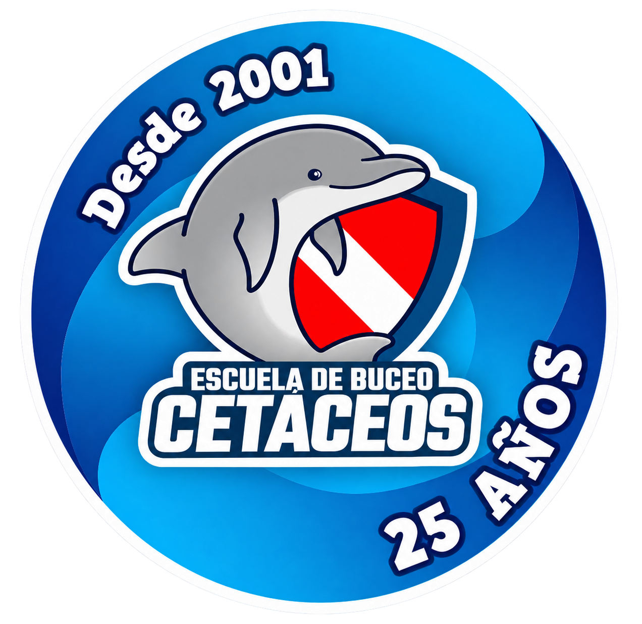 Insignia de 25 años de la Escuela de Buceo Cetáceos, desde 2001